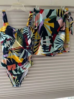 Jantzen Multicolor Tropical Print Womens One-Piece Swimsuit with Skirt Cover-Up